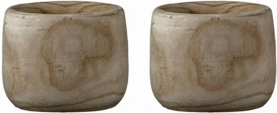 Mica Decorations 2x Ronde houten plantenpotten bloempotten 14.5 cm Plantenbakken bloembakken Tuin decoraties