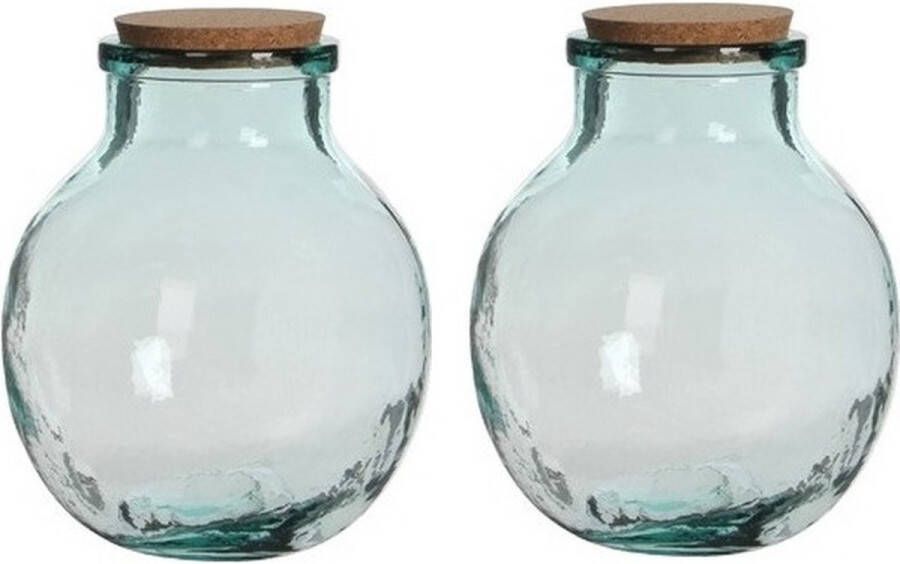 Mica Decorations 2x Ronde vaas Olly 21 x 25 cm transparant gerecycled glas met kurk deksel Home Deco vazen Woonaccessoires