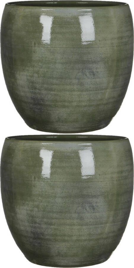 Mica Decorations 2x Stuks Bloempot In Het Glanzend Groen Keramiek Voor Kamerplant H31 X D33 Cm Plantenpotten