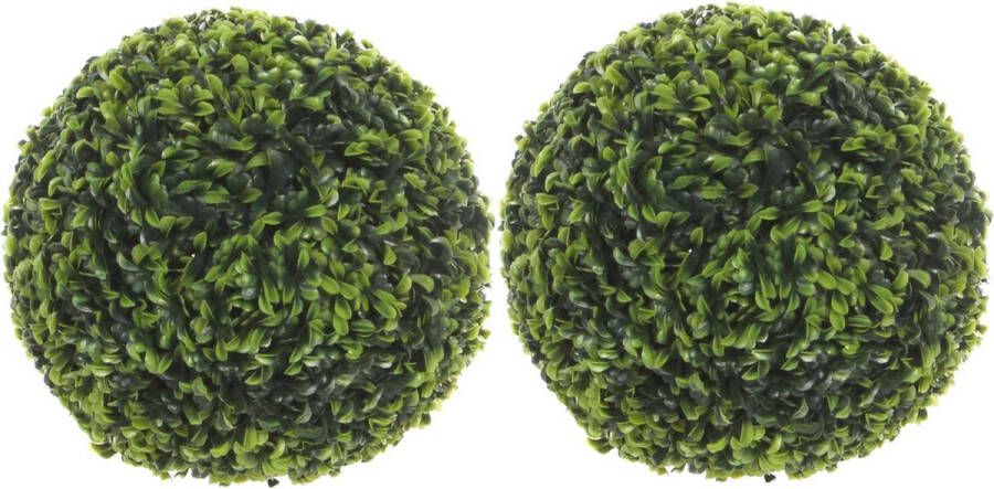 Mica Decorations 2x stuks buxus bollen Theeblad groen D27 cm Kunstplanten nepplanten Tuinplanten Buxusbollen