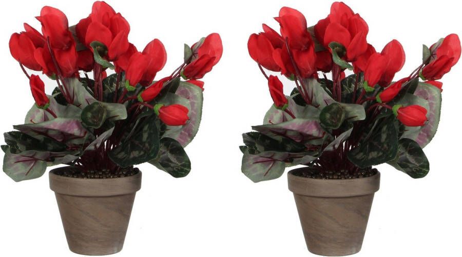 Mica Decorations 2x stuks cyclaam kunstplanten rood in keramieken pot H30 x D30 cm Kunstplanten nepplanten met bloemen