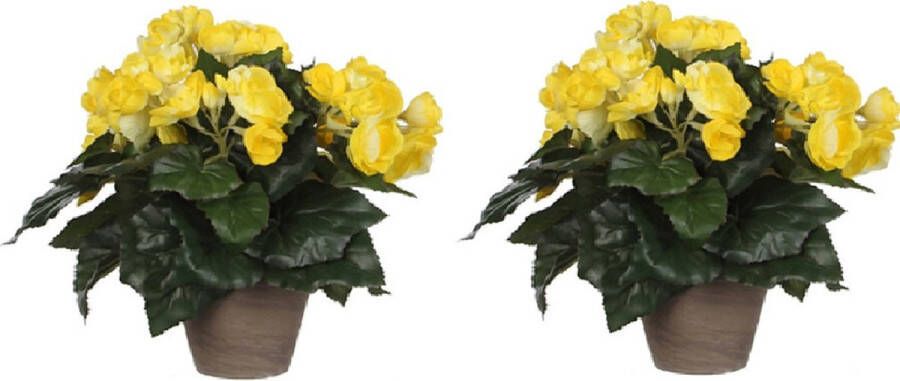Mica Decorations 2x stuks gele Begonia kunstplant met bloemen 30 cm in grijze pot Kunstplanten nepplanten Voor binnen