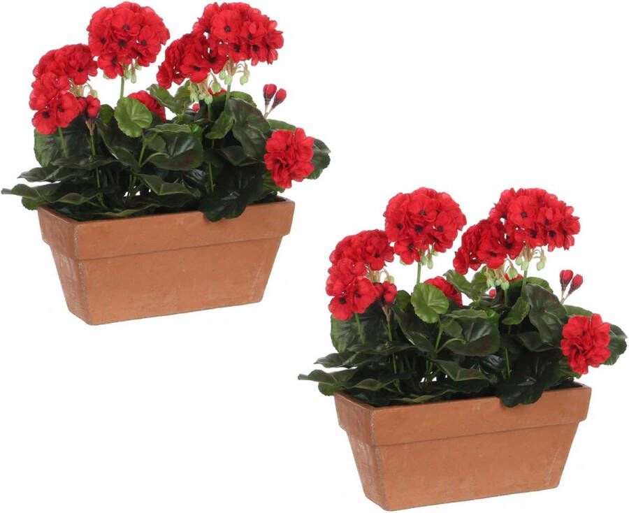 Mica Decorations 2x stuks geranium balkon kunstplanten rood in keramieken pot L29 x B13 x H40 cm Kunstplanten nepplanten balkonplanten