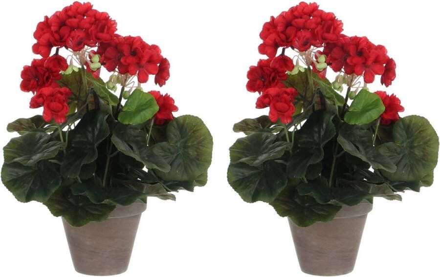 Mica Decorations 2x stuks geranium kunstplanten rood in keramieken pot H34 x D20 cm Kunstplanten nepplanten met bloemen