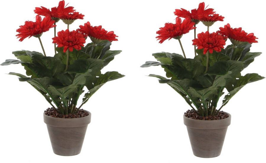 Mica Decorations 2x stuks gerbera kunstplanten rood in keramiek pot H35 cm Kunstplanten nepplanten met bloemen