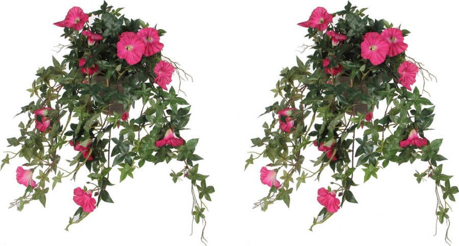 Mica Decorations 2x stuks groene Petunia kunstplant met donkerroze bloemen 50 cm Kunstplanten nepplanten hangplanten