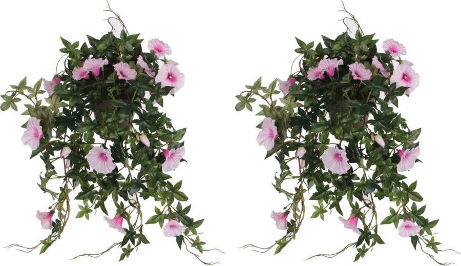 Mica Decorations 2x stuks groene Petunia kunstplant met lichtroze bloemen 50 cm Kunstplanten nepplanten hangplanten