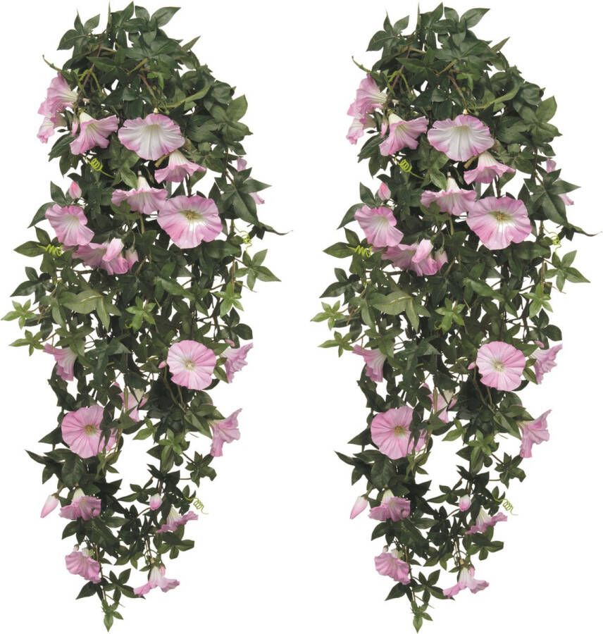 Mica Decorations 2x stuks groene Petunia kunstplant met lichtroze bloemen 80 cm Kunstplanten nepplanten hangplanten