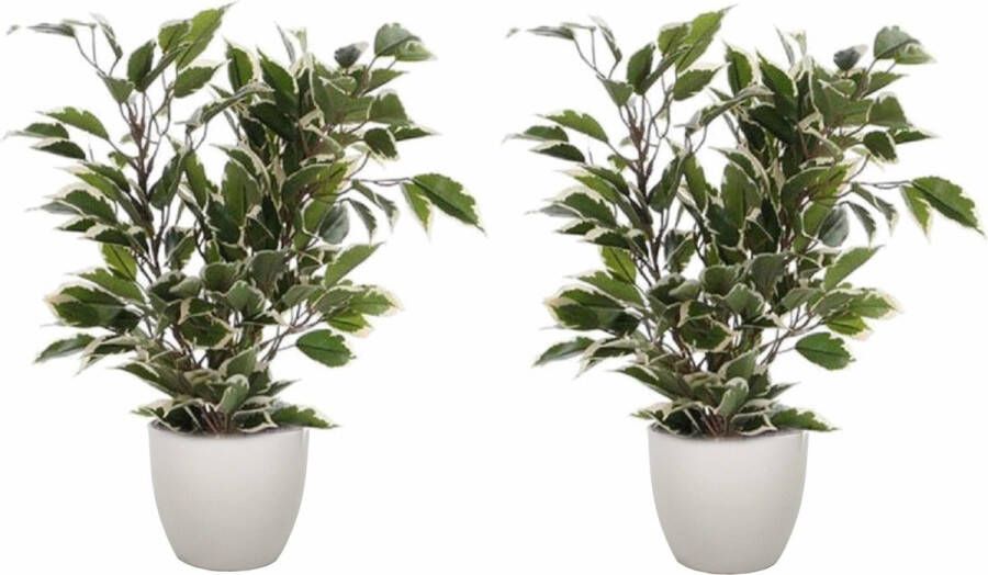 Mica Decorations 2x stuks groen witte ficus kunstplant 40 cm met plantenpot taupe D13.5 en H12.5 cm