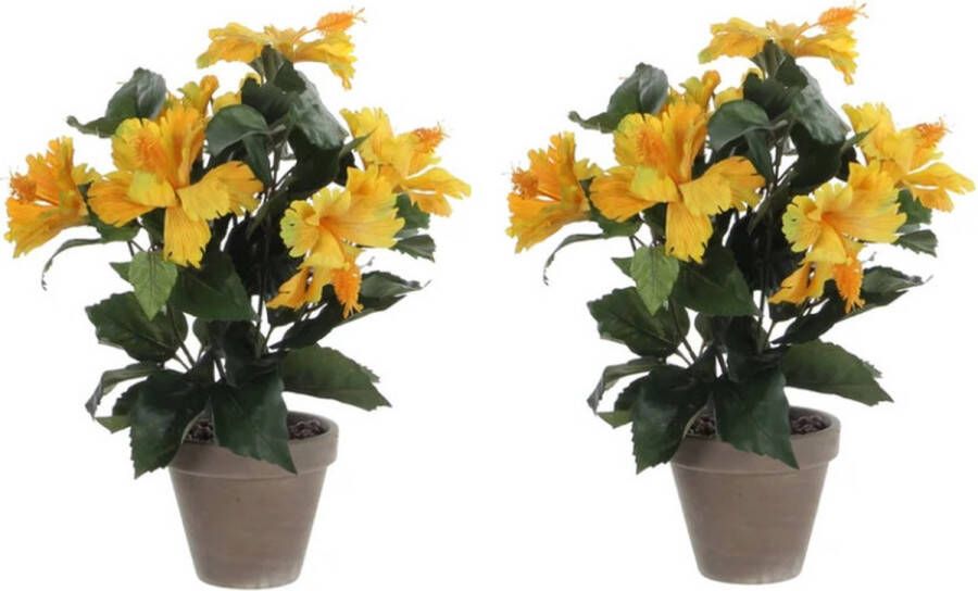 Mica Decorations 2x stuks hibiscus kunstplanten geel in keramieken pot H40 x D30 cm Kunstplanten nepplanten met bloemen