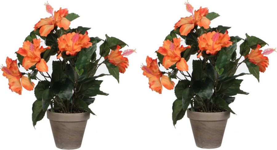 Mica Decorations 2x stuks hibiscus kunstplanten oranje in keramieken pot H40 x D30 cm Kunstplanten nepplanten met bloemen