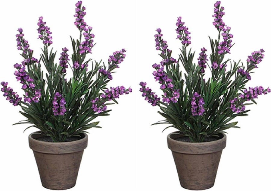 Mica Decorations 2x stuks lavendel kunstplanten kamerplanten paars in grijze sierpot H33 cm x D20 cm Kunstplanten nepplanten