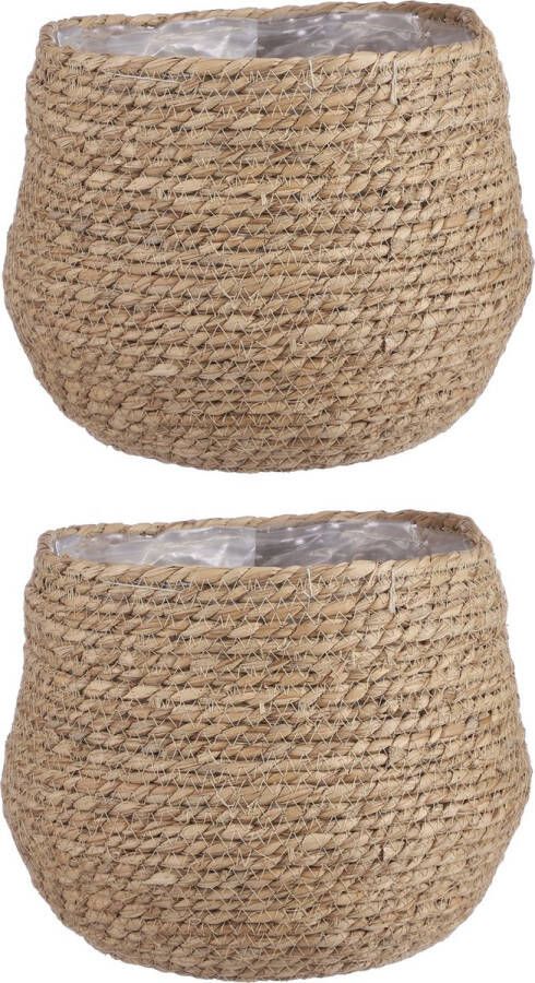 Mica Decorations 2x stuks naturel beige rotan planten bloemen pot mand van gedraaid jute riet zeegras H24 en D26 cm Met plastic binnenkant