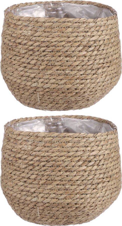 Mica Decorations 2x stuks naturel beige rotan planten bloemen pot mand van gedraaid jute riet zeegras H19 en D22 cm Met plastic binnenkant