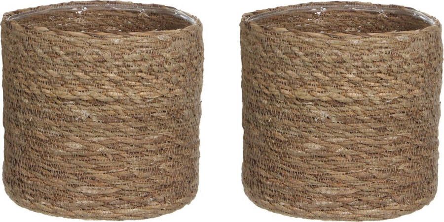 Mica Decorations 2x stuks naturel bruin rotan planten bloemen pot mand van gedraaid jute riet zeegras H14 en D14 cm Met plastic binnenkant
