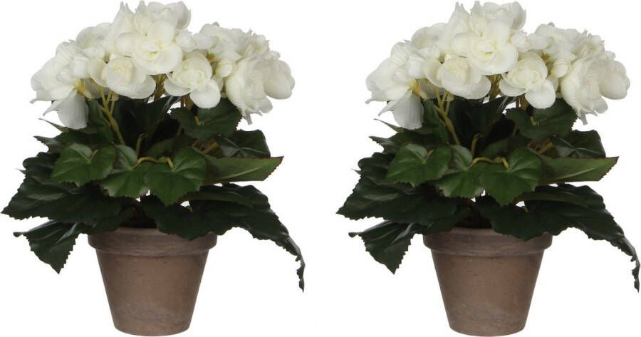 Mica Decorations 2x stuks witte Begonia kunstplant met bloemen 25 cm in grijze pot Kunstplanten nepplanten Voor binnen