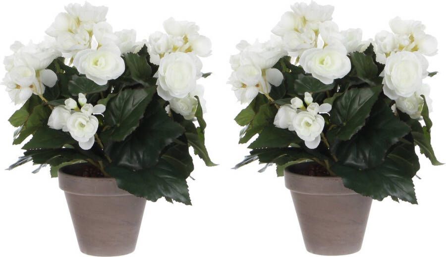Mica Decorations 2x stuks witte Begonia kunstplant met bloemen 30 cm in grijze pot Kunstplanten nepplanten Voor binnen