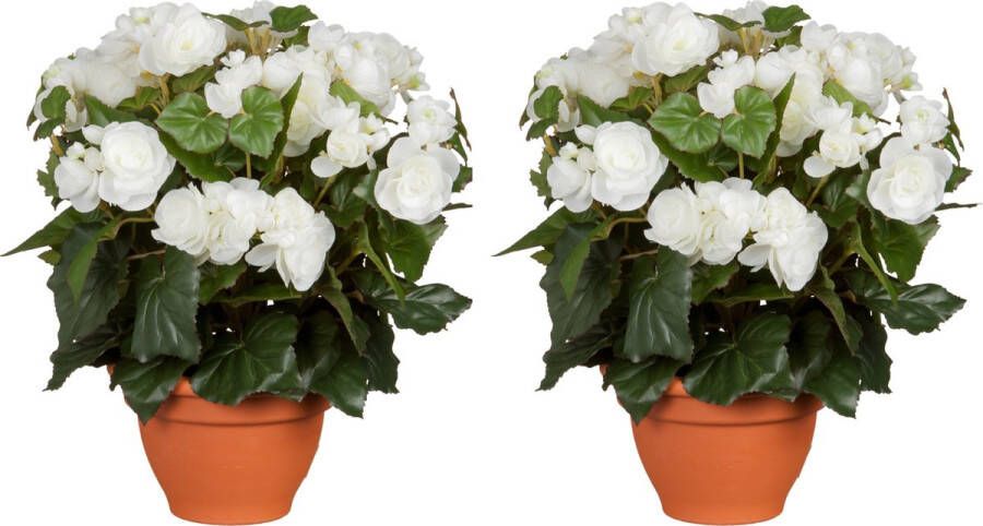 Mica Decorations 2x stuks witte Begonia kunstplant met bloemen 37 cm in grijze pot Kunstplanten nepplanten Voor binnen