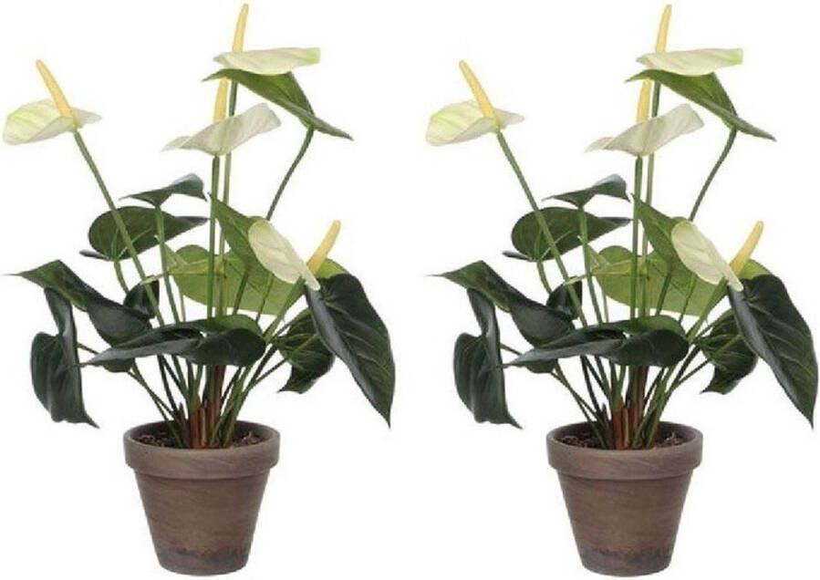 Merkloos Sans marque 2x Witte Anthurium kunstplanten 40 cm in grijze plastic pot Kunstplanten nepplanten