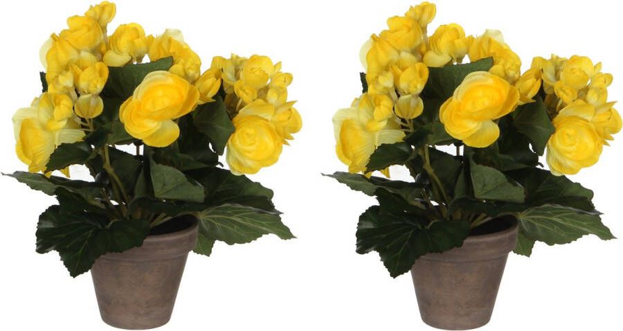 Mica Decorations 3x stuks gele Begonia kunstplant met bloemen 25 cm in grijze pot Kunstplanten nepplanten Voor binnen