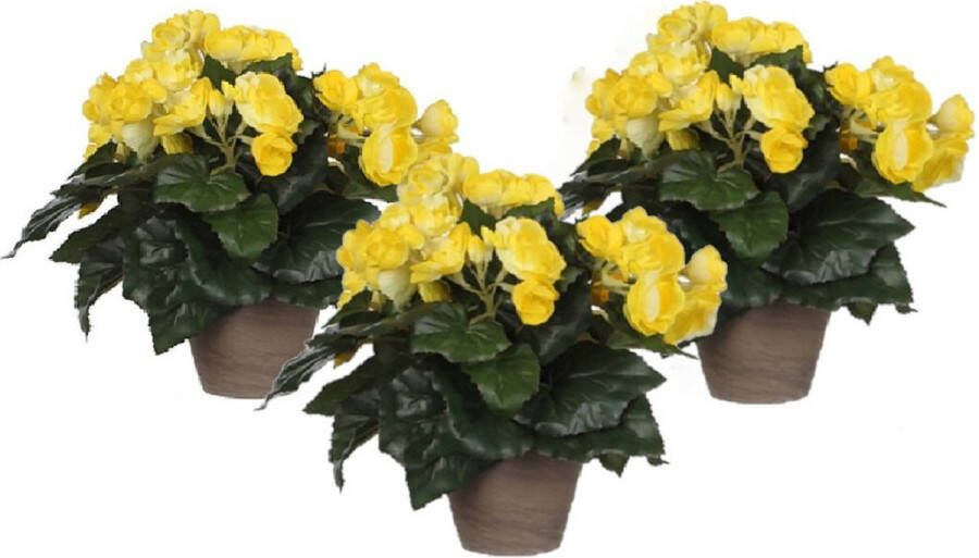 Mica Decorations 3x stuks gele Begonia kunstplant met bloemen 30 cm in grijze pot Kunstplanten nepplanten Voor binnen