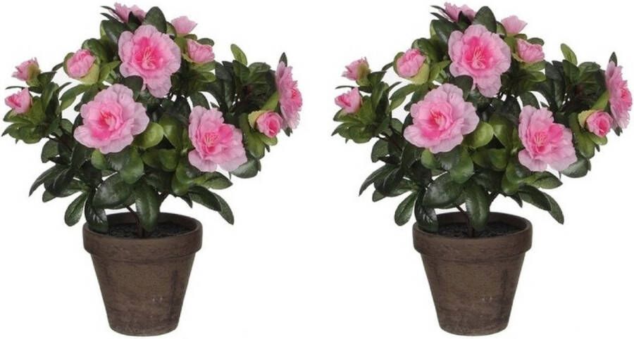 Mica Decorations 3x stuks groene Azalea kunstplanten met roze bloemen 27 cm in pot stan grey Kunstplanten nepplanten
