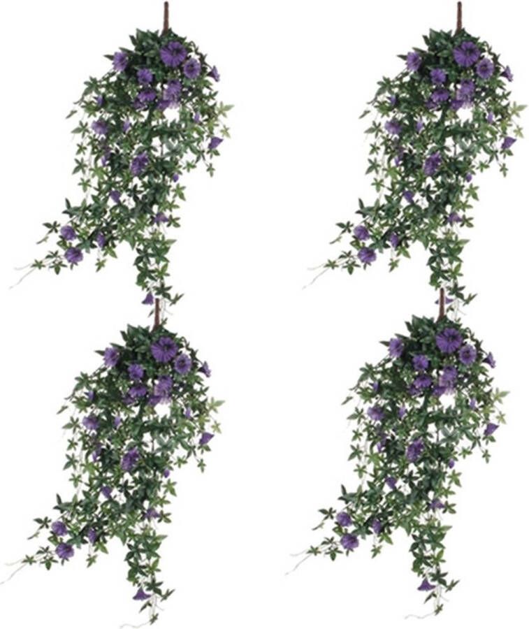 Mica Decorations 4x stuks groene Petunia kunstplant met paarse bloemen 80 cm Kunstplanten nepplanten hangplanten