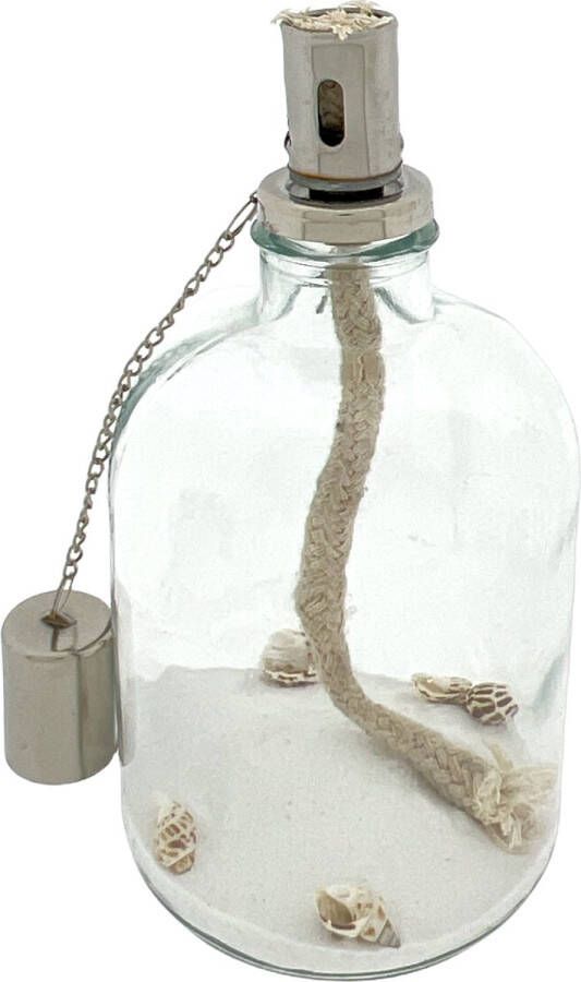 Mica Decorations Deco olielamp Met Wit Zand En Schelpen 22 x 11 cm Transparant