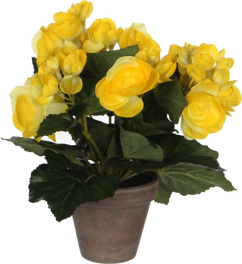 Mica Decorations Gele Begonia kunstplant met bloemen 25 cm in grijze pot Kunstplanten nepplanten Voor binnen
