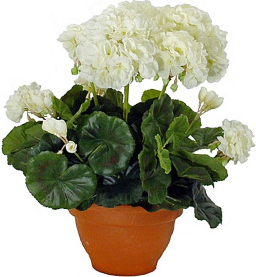 Mica Decorations Geranium kunstplant creme wit in campana terra pot H38 x D30 cm Kunstplanten nepplanten met bloemen