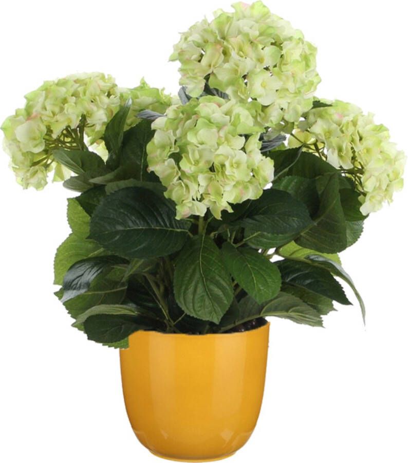 Mica Decorations Hortensia kunstplant kunstbloemen 45 cm groen in pot okergeel glans Kunst kamerplant