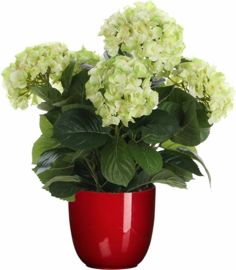Mica Decorations Hortensia kunstplant kunstbloemen 45 cm groen in pot rood glans Kunst kamerplant