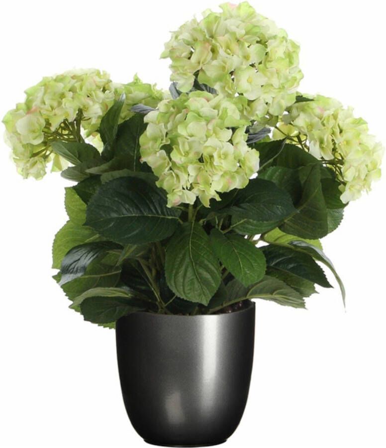 Mica Decorations Hortensia kunstplant kunstbloemen 45 cm groen in pot titanium grijs Kunst kamerplant
