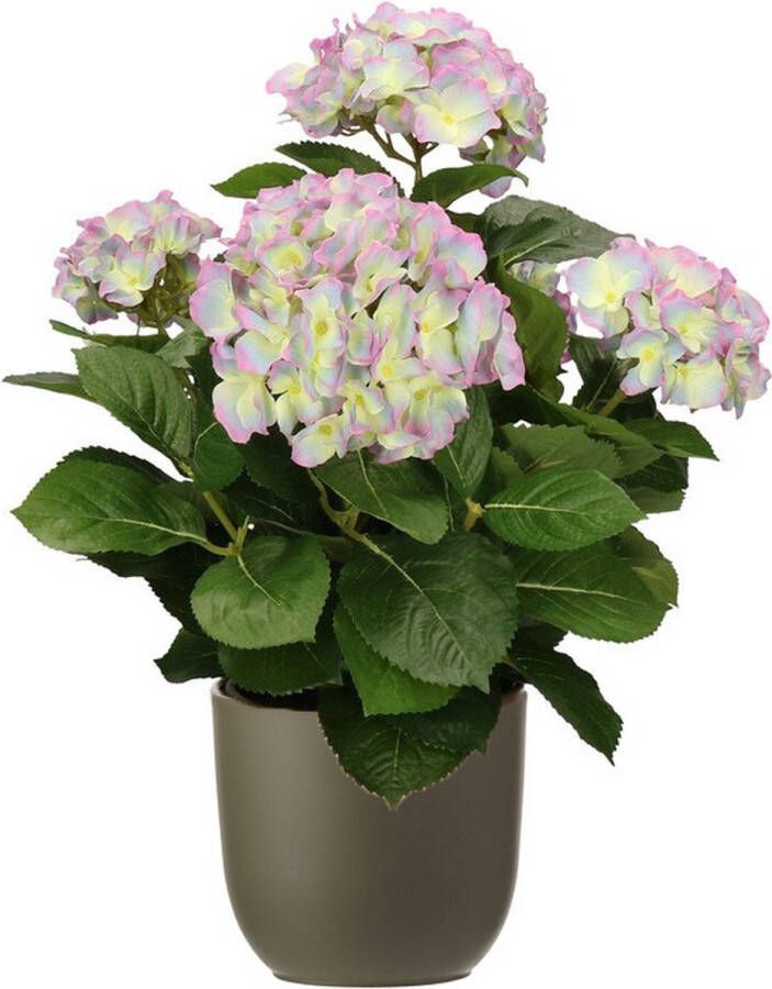 Mica Decorations Hortensia kunstplant kunstbloemen 45 cm paars groen in pot olijfgroen mat Kunst kamerplant