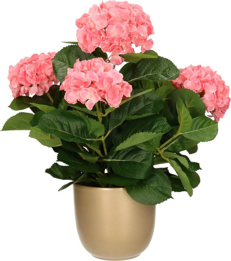 Mica Decorations Hortensia kunstplant kunstbloemen 45 cm roze in pot goud glans Kunst kamerplant