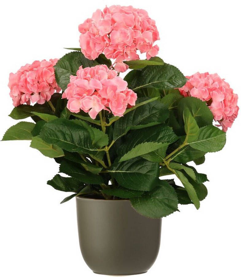 Mica Decorations Hortensia kunstplant kunstbloemen 45 cm roze in pot olijfgroen mat Kunst kamerplant