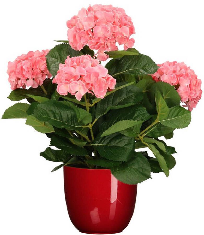 Mica Decorations Hortensia kunstplant kunstbloemen 45 cm roze in pot rood glans Kunst kamerplant