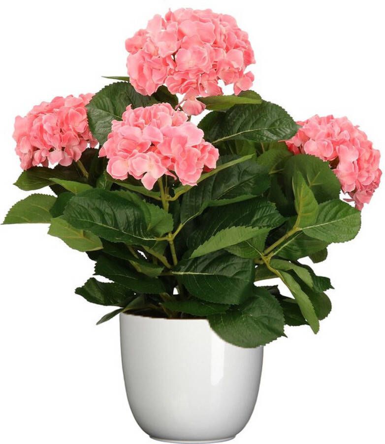 Mica Decorations Hortensia kunstplant kunstbloemen 45 cm roze in pot wit glans Kunst kamerplant