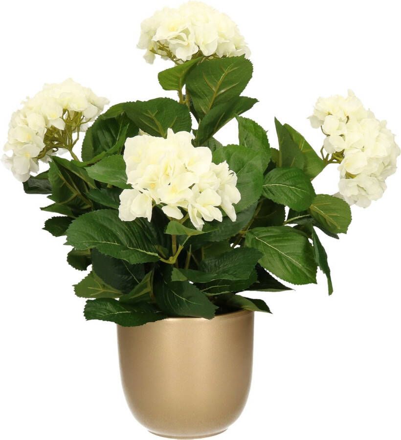 Mica Decorations Hortensia kunstplant kunstbloemen 45 cm wit in pot goud glans Kunst kamerplant