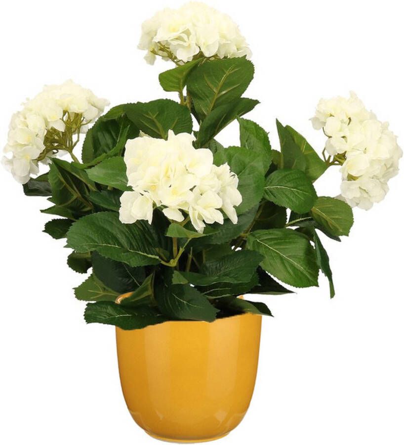 Mica Decorations Hortensia kunstplant kunstbloemen 45 cm wit in pot okergeel glans Kunst kamerplant