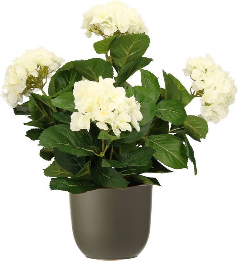 Mica Decorations Hortensia kunstplant kunstbloemen 45 cm wit in pot olijfgroen mat Kunst kamerplant