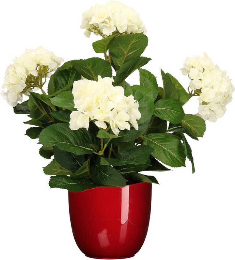 Mica Decorations Hortensia kunstplant kunstbloemen 45 cm wit in pot rood glans Kunst kamerplant
