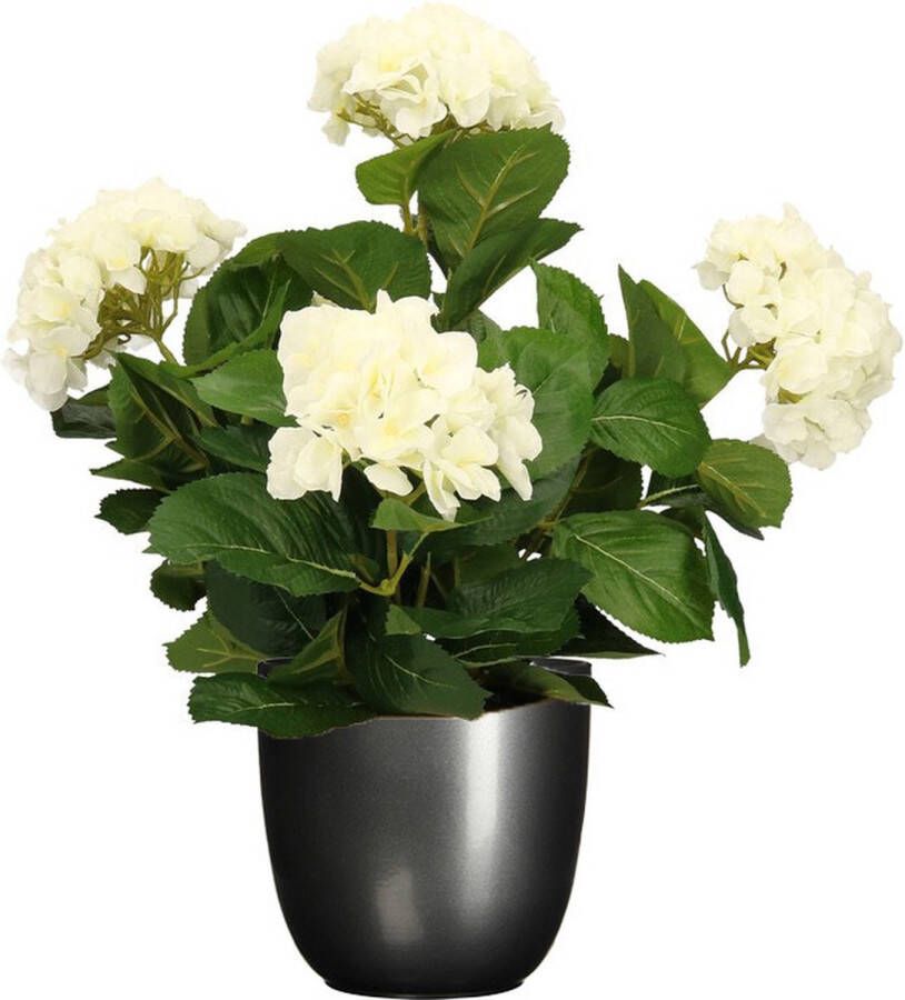 Mica Decorations Hortensia kunstplant kunstbloemen 45 cm wit in pot titanium grijs glans Kunst kamerplant