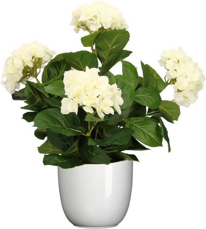 Mica Decorations Hortensia kunstplant kunstbloemen 45 cm wit in pot wit glans Kunst kamerplant