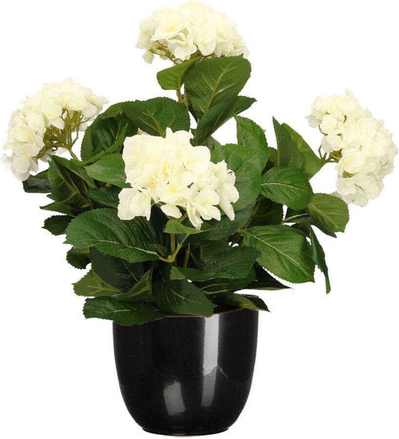 Mica Decorations Hortensia kunstplant kunstbloemen 45 cm wit in pot zwart glans Kunst kamerplant