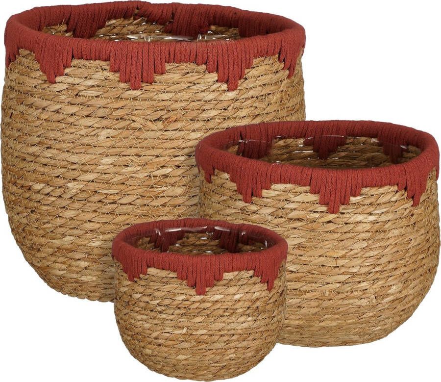 Mica Decorations Jorck Plantenmand Set van 3 H24 x Ø26 cm Zeegras Rood Bruin