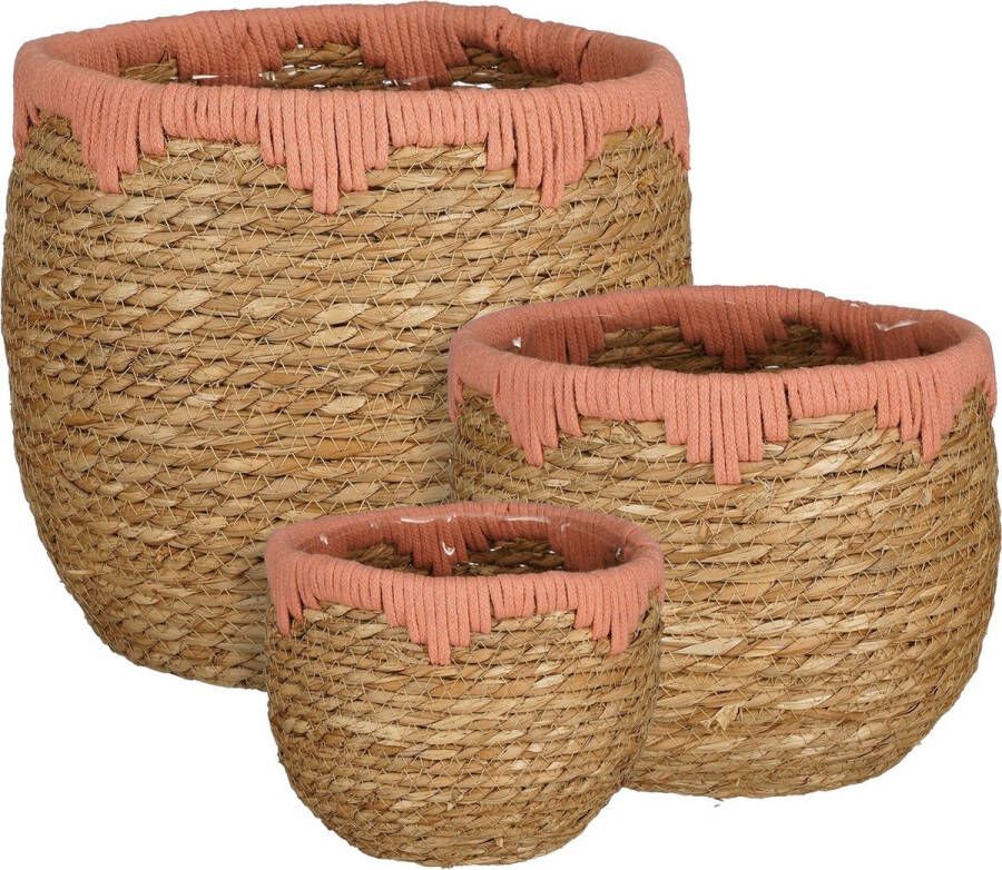 Mica Decorations Jorck Plantenmand Set van 3 H24 x Ø26 cm Zeegras Roze Bruin