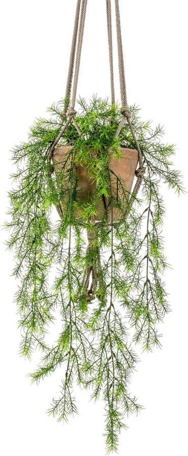 Merkloos Bellatio flowers & plants Kunstplant varen groen 75 cm in terracotta hangpot Kunstplanten
