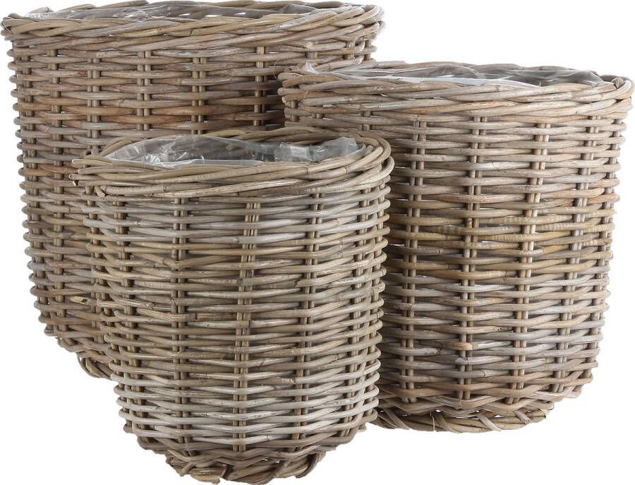 Mica Decorations Marcia Plantenmand voor Buiten Set van 3 H40 x Ø43 cm Rotan Grijs