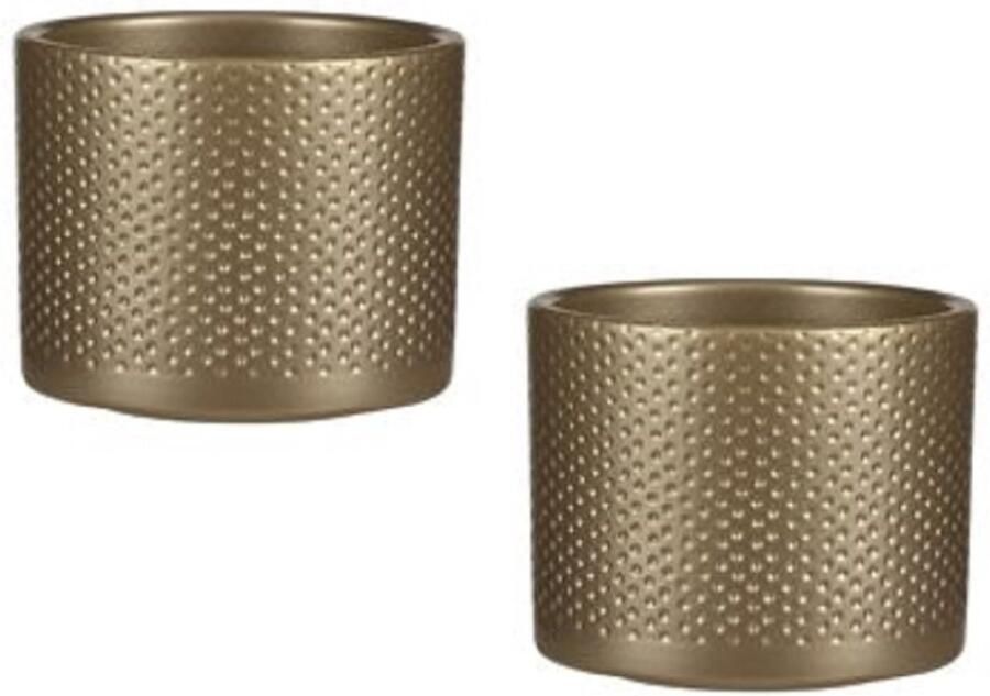 Mica Decorations 2x stuks bloempot in kleur relief goud keramiek voor kamerplant H10 x D12 cm- plantenpotten binnen
